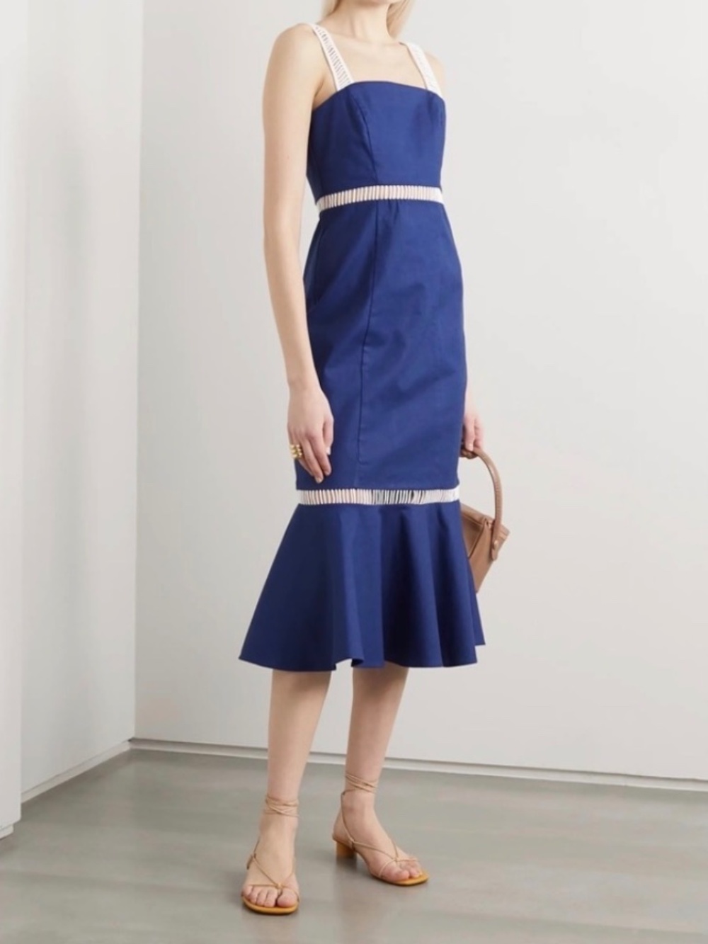 Staud Lychee Lace Linen Eyelet-Trim Flounce Sheath Dress